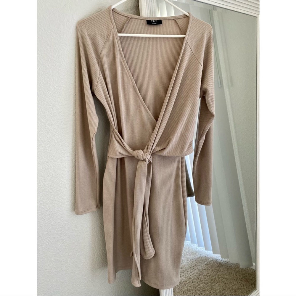 Vici Beige Knit Wrap Dress